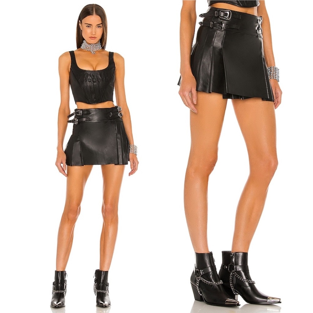 NWT DUNDAS X REVOLVE Pleated Leather Wrap Skirt in Black - Picture 1 of 14